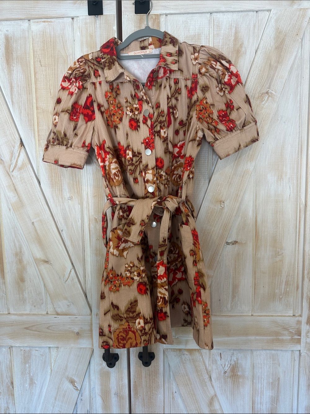 Olivaceous Beige Mini Dress with Red & Brown Floral